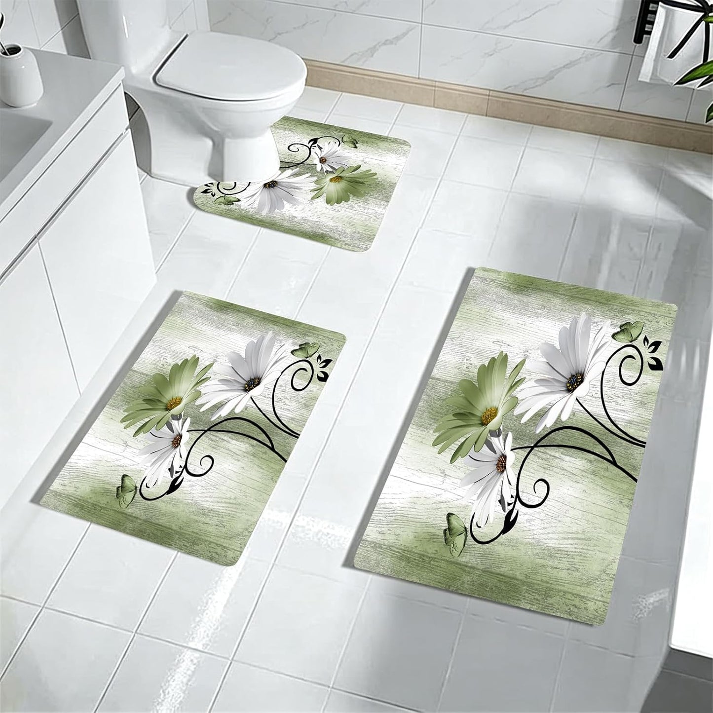 Onalasyc Bathroom Rug Sets 3 Piece,Green Daisy Rustic Farmhouse Flowers Butterfly Bath Rug Non Slip Quick Dry Diatomaceous Earth Bath Mat Wood Vintage Decor Washable Suitable for Bathroom,Tub,Shower