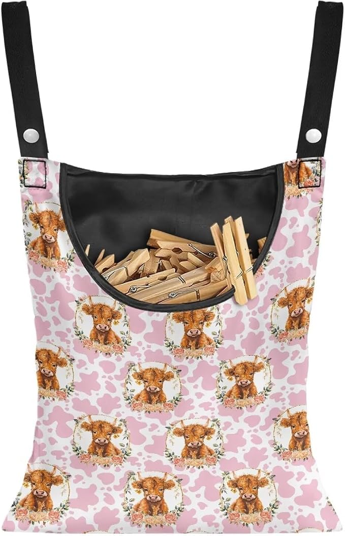 Cattle Clothespin Bags with Hanging Rope Pink Cow Print 14.5 x 12 Inch Summer by CREAMIC