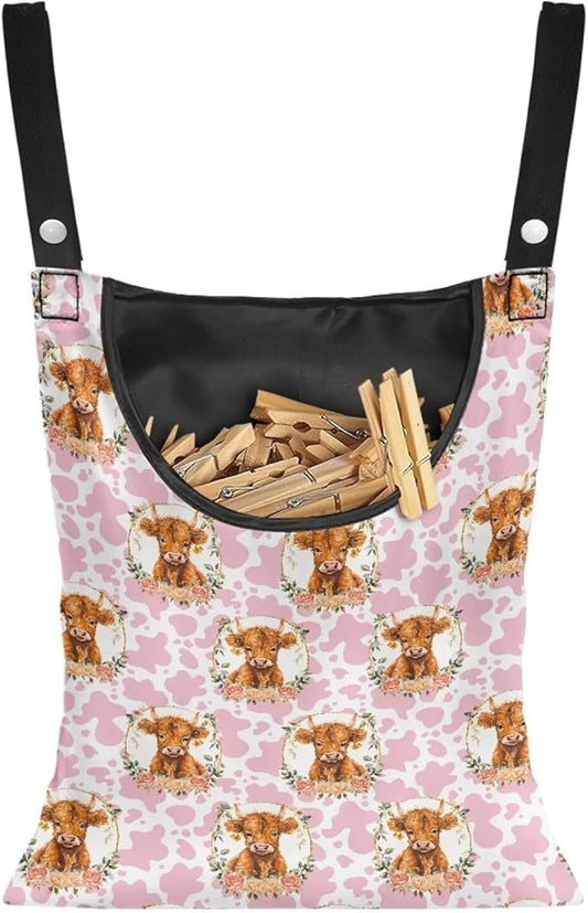 Cattle Clothespin Bags with Hanging Rope Pink Cow Print 14.5 x 12 Inch Summer by CREAMIC