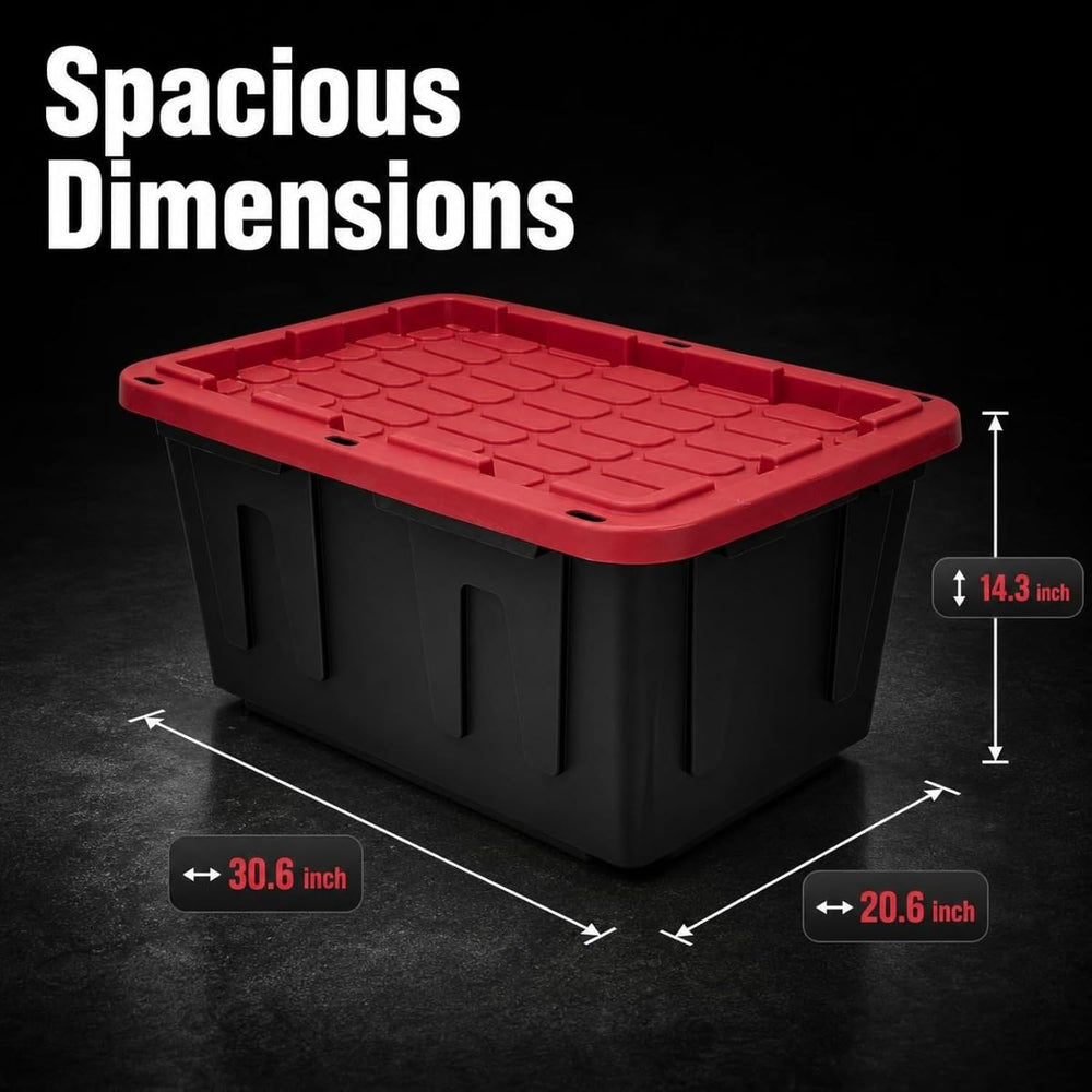 4‑Pack 27 Gallon Stackable Storage Bin, Locking Red Lid Black Body