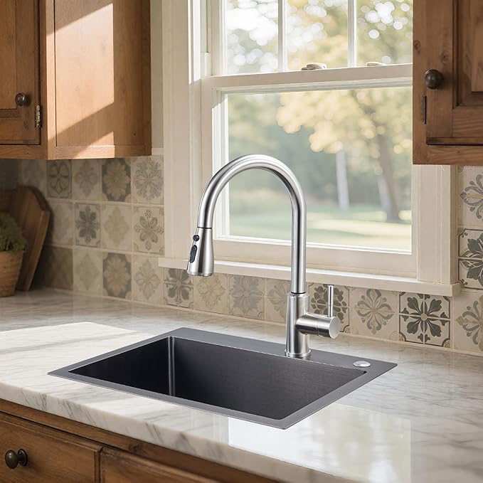 25x18x9 Inch Drop in Kitchen Sink, Handmade 304 Black Stainless Steel Single - Image 2