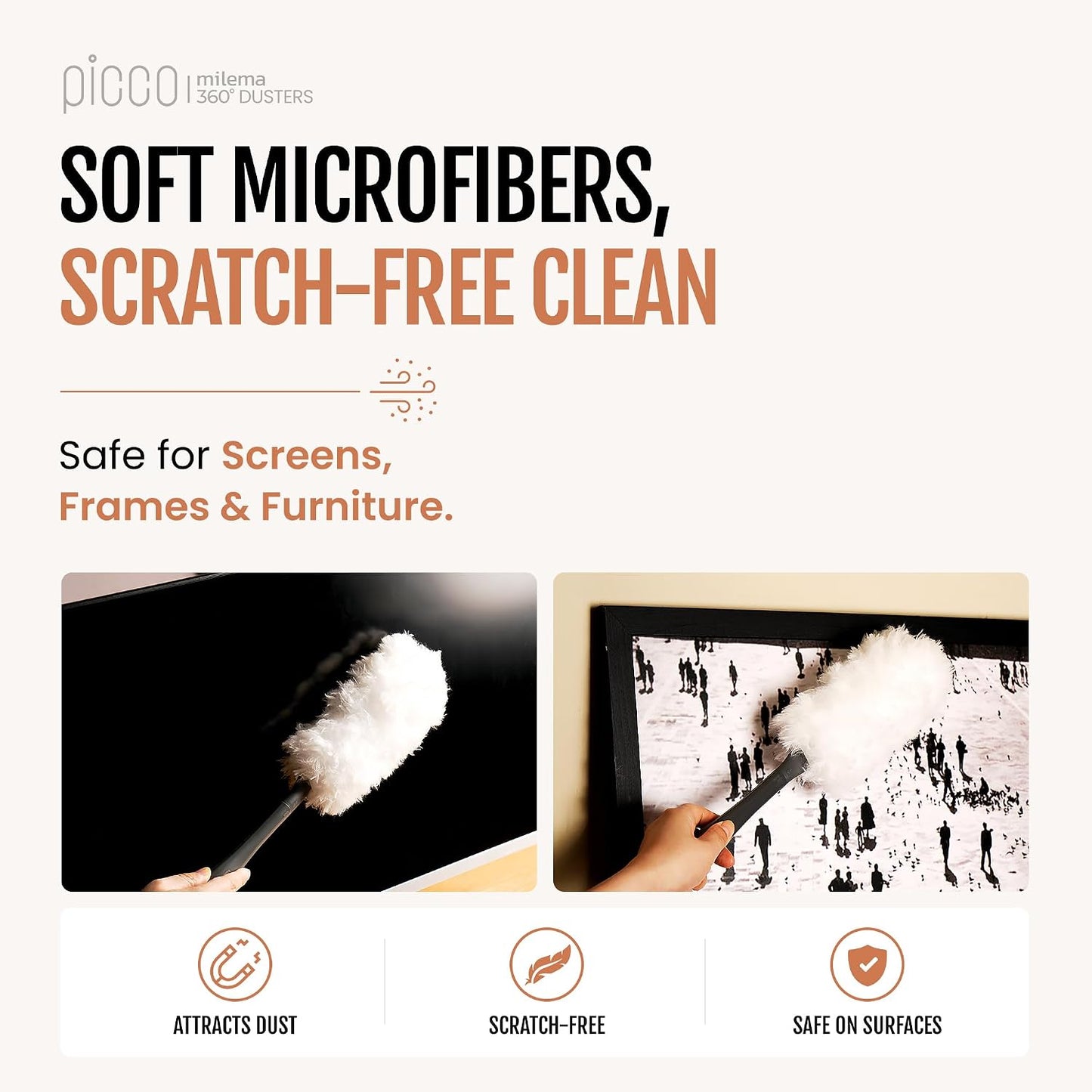 milema Picco 360 Double-Sided Microfiber Duster Cleaning Kit (White, 1 Short Handle, 23 Refills)