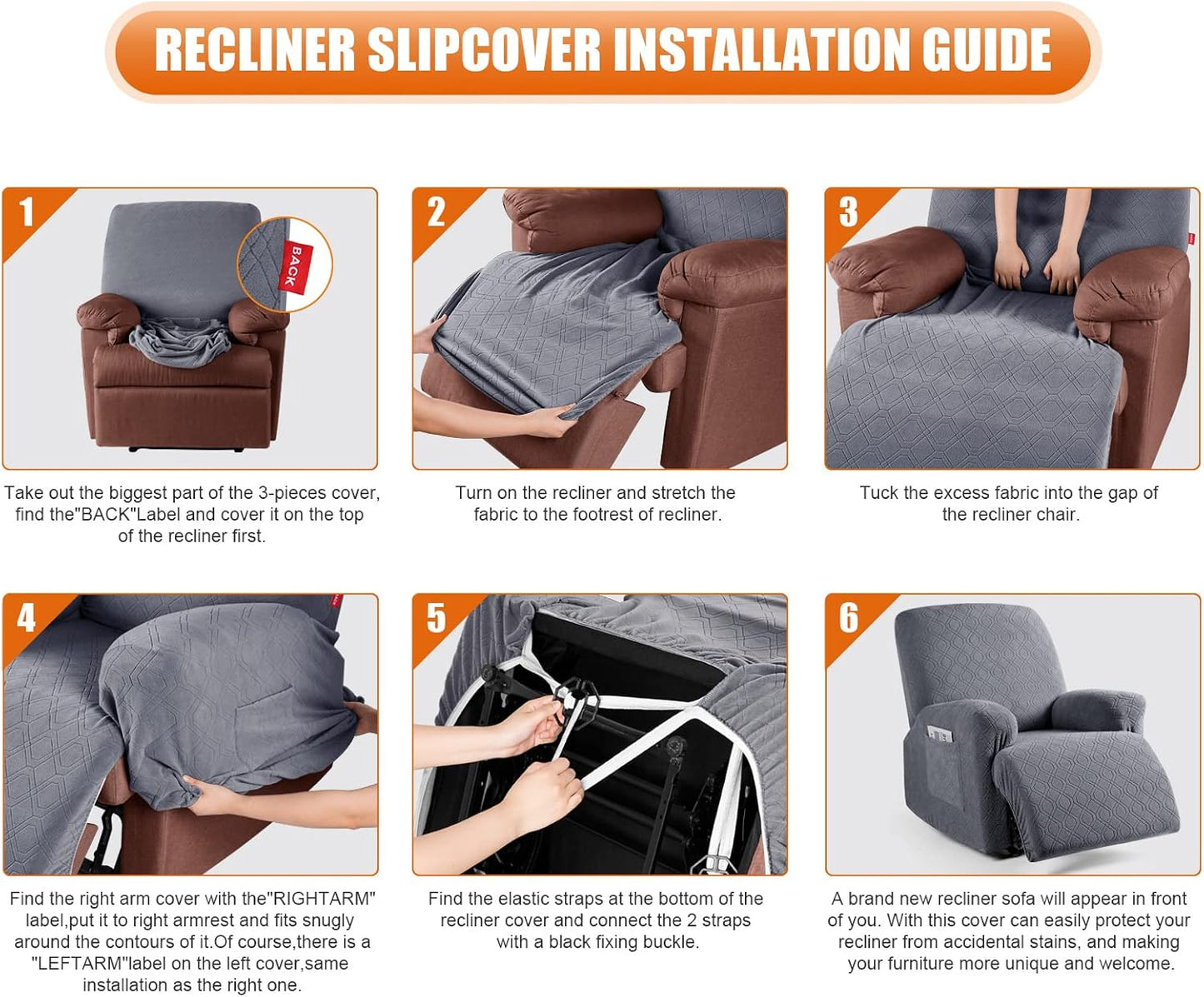 VANSOFY Recliner Chair Cover, 3-Pieces Stretch Recliner Covers for Recliner Chair Soft Reclining Chair Slipcover Furniture Protector for Dogs Cats(Dark Gray)