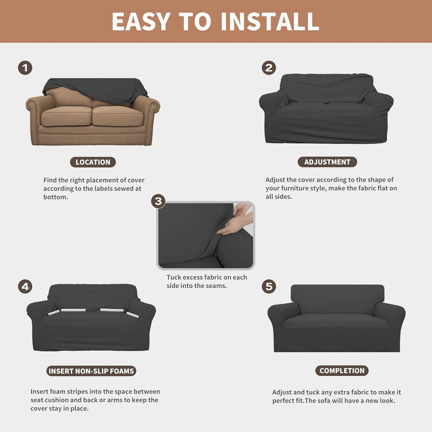 Easy-Going 100% Waterproof Couch Cover, Dual Waterproof Sofa Cover, Stretch Jacquard Sofa Slipcover, Furniture Protector for Kids, Pets, Dog and Cat (Sofa, Dark Gray)