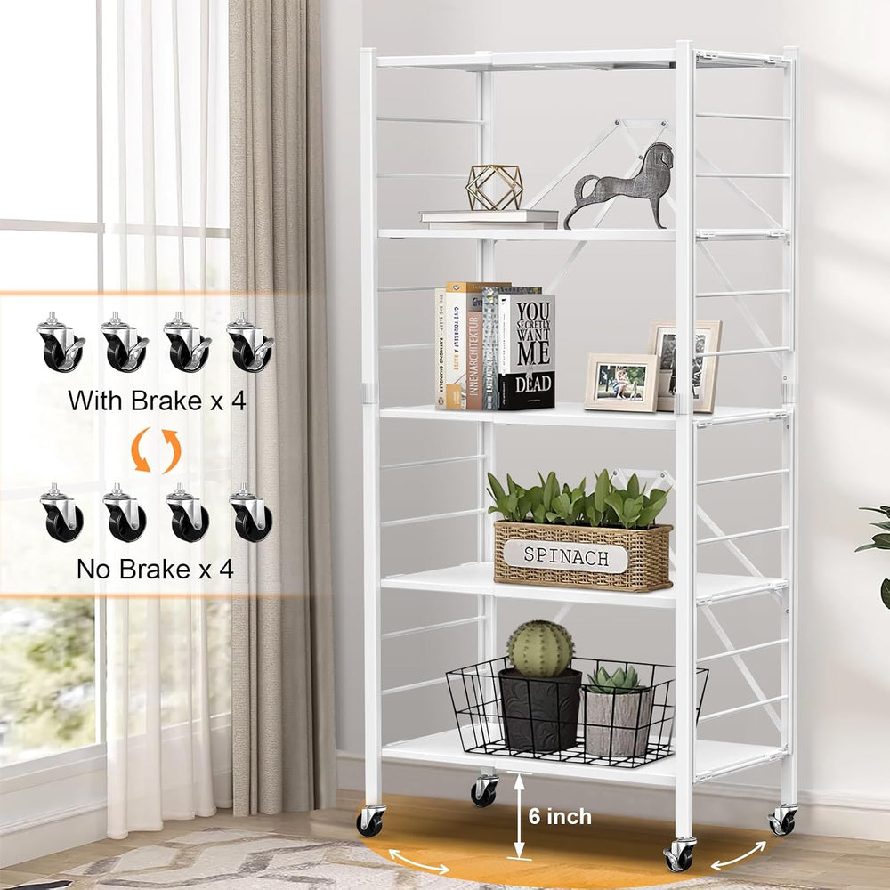 Himix 5-Tier Foldable Storage Shelves with Wheels Expandable Kitchen White