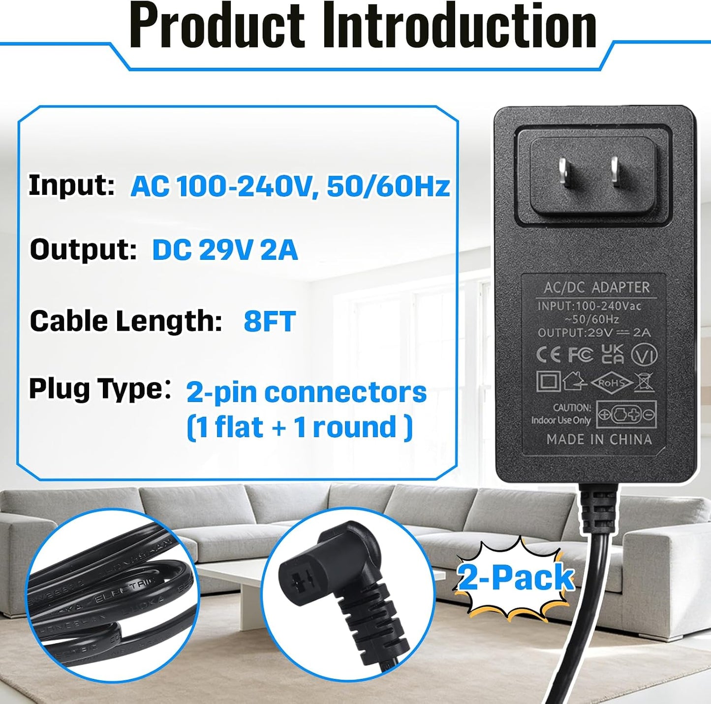 2 Pack 29V 2A AC/DC Electric Recliner Power Supply Replacement with 2-Pin Connector, Universal Adapter for Lift Chair Sofa, Compatible with OKIN Limoss ZB-H290020A-C ZBPOWER FS2900-2000