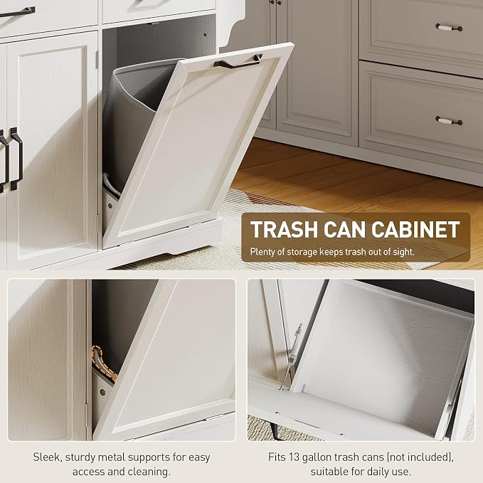 Kitchen Island with Power Outlet & Drop Leaf, Rolling Storage Cart with Trash - Image 4