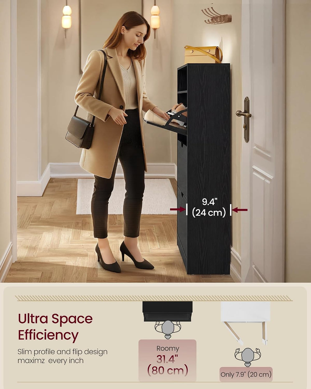 VASAGLE Shoe Cabinet with 3 Flip Drawers, Holds up to 24 Pairs of Shoes
