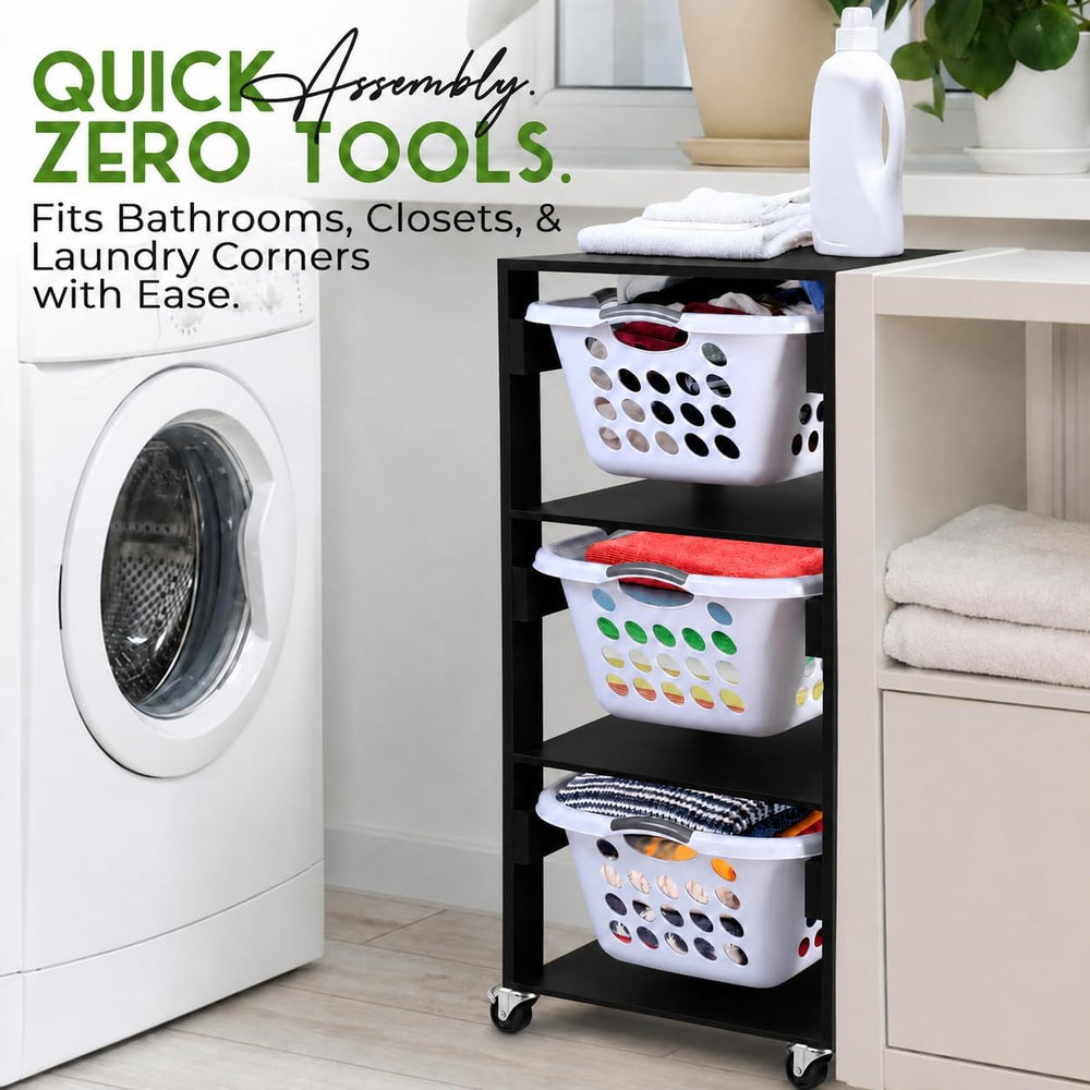 Laundry Basket Holder Shelf, Stackable Laundry Sorter (Black, 3 Tier)