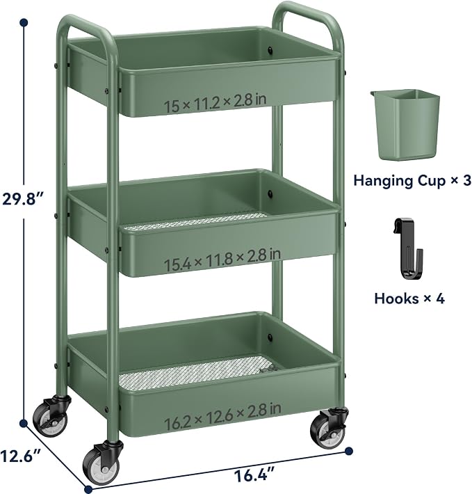 YASONIC 3-Tier Rolling Cart, 66 Pounds Capacity, Mesh Storage Organizer - Image 6
