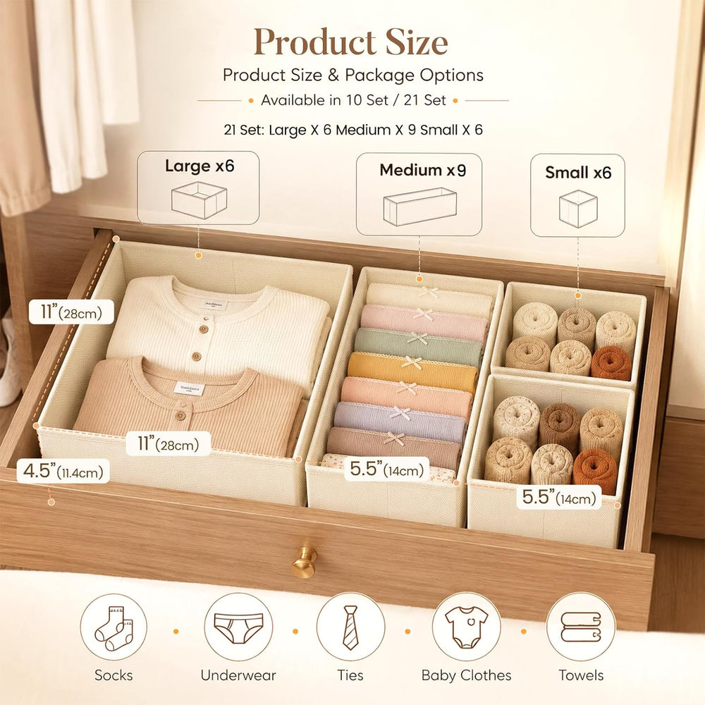Drawer Organizer Storage for Clothes, Socks, 21 Pack, Beige