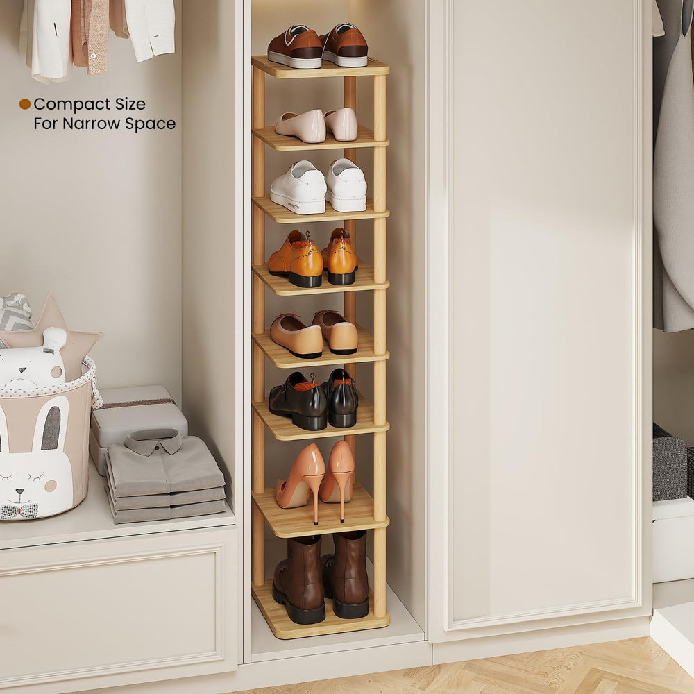 8 Tiers Vertical Shoe Rack Tall Narrow Shoe Tower Corner Shoe Rack, Natural