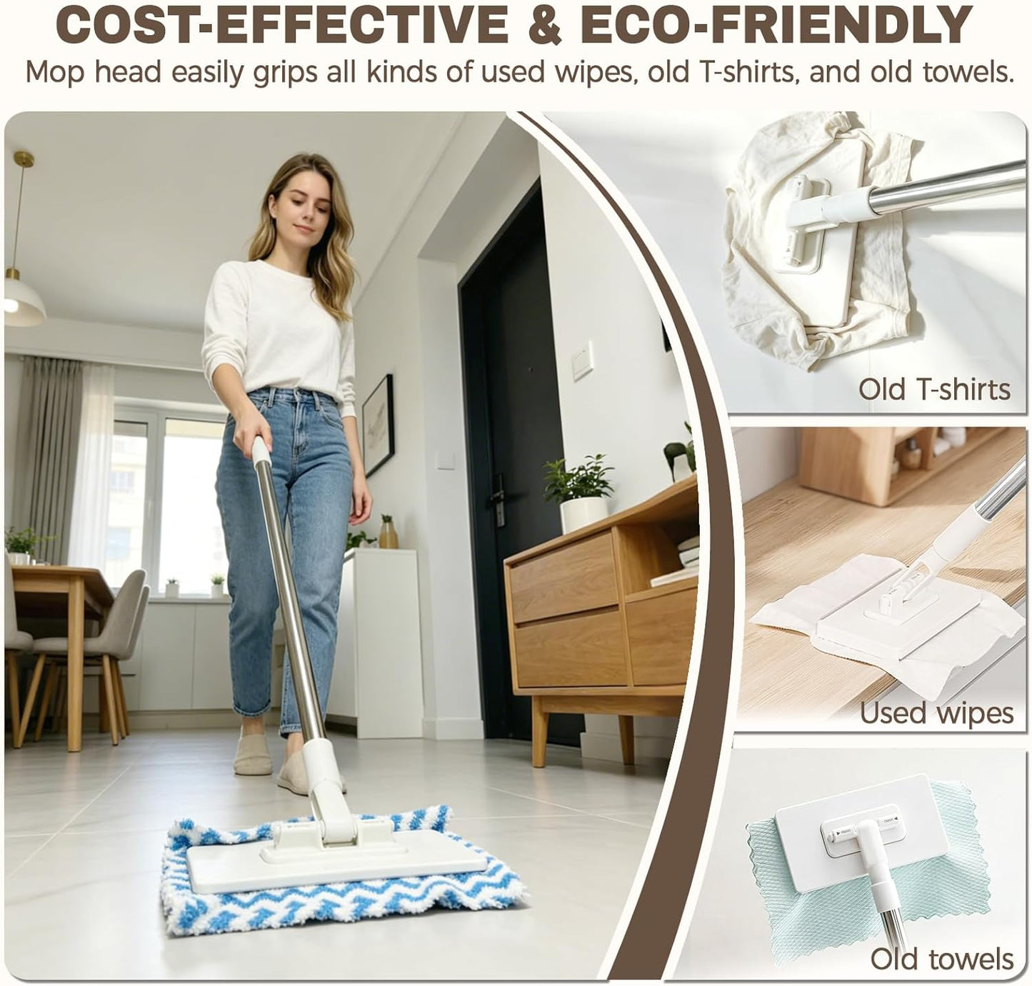 Snap Grip Mini Mop, Zero Touch Gap Dust Cleaner & Locking Head, Cloth Changing Mini Mop, for Kitchen Bathroom Toilet Corners Window Wall Cleaning(10 Reusable Cloths)