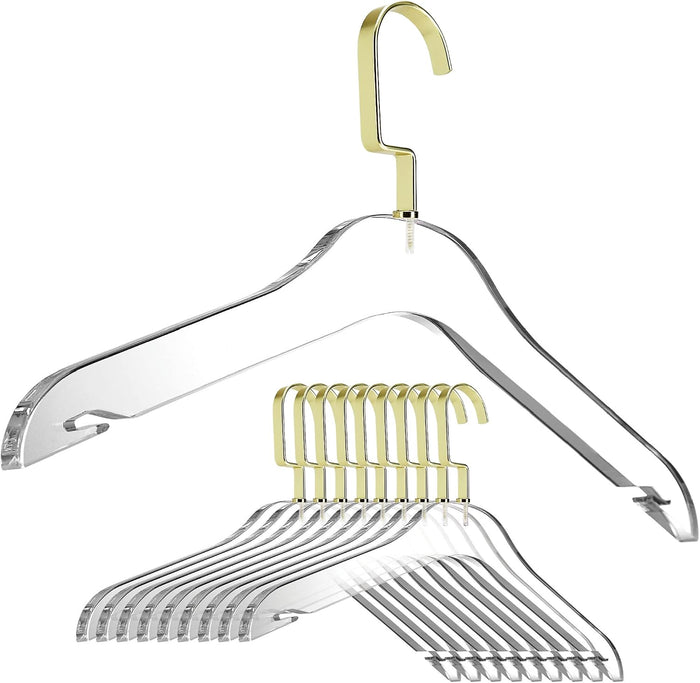 Clear Acrylic Clothes Hangers - 10 Pack Stylish and Heavy Duty Closet Organizer with Chrome Plated Steel Hooks - Non-Slip Notches for Suit Jacket, Sweater - by Designstyles (Matte Gold)