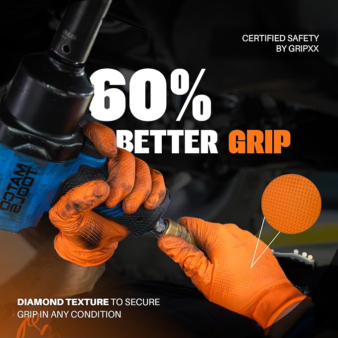 Herkules Grip Heavy Duty 8Mil Orange Nitrile Gloves, 3D Raised Diamond - Image 4