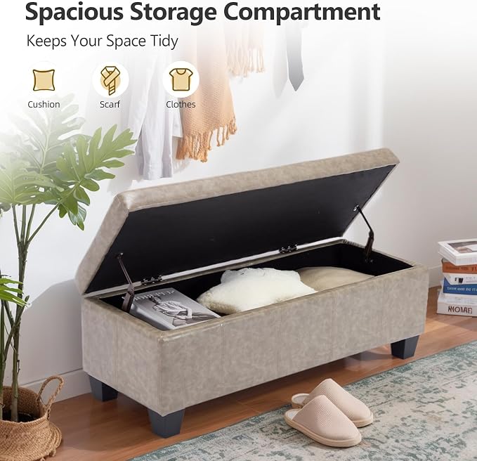Faux Leather Ottoman with Storage, 42 Inch Rectangular Storage Ottoman Bench - Image 4