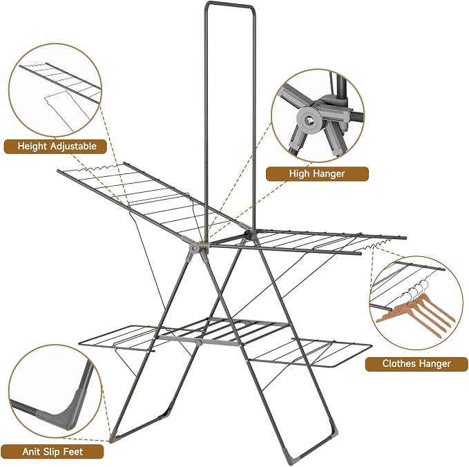 Bigzzia Clothes Drying Rack Foldable, 68.9Inch High Hanger Laundry Drying Rack - Image 6