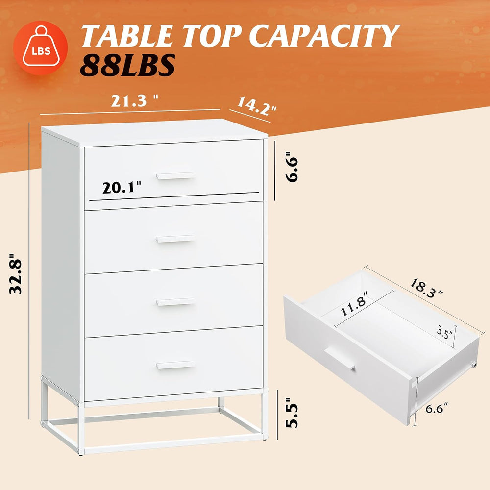 White Dresser for Bedroom with 4 Drawers, Tall Wooden Chest of Drawers with S...