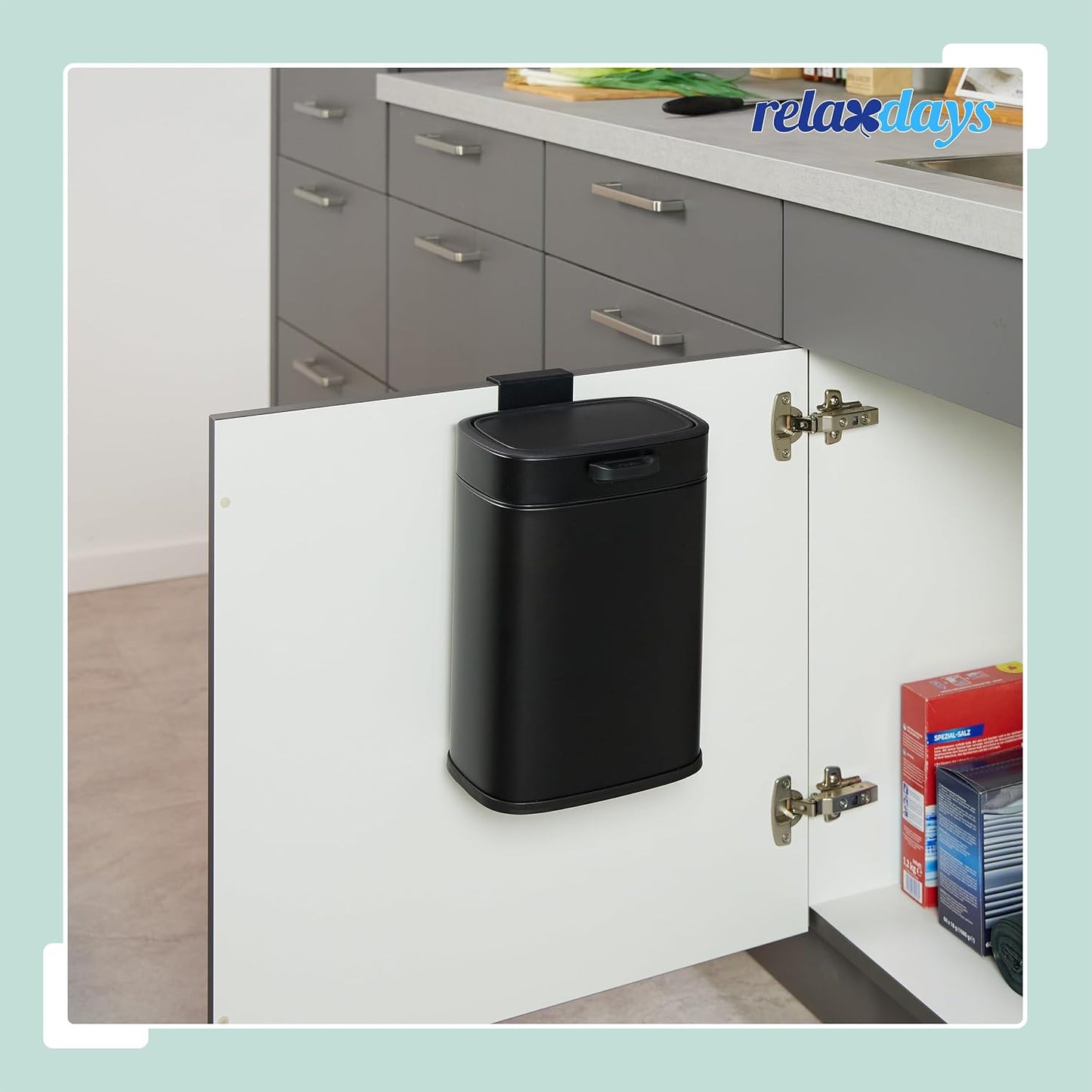 Relaxdays Kitchen Rubbish Bin, 5 L, Hanging Organic Waste Bin, Inner Bin, Suspension & Adhesive Pads, Door Waste Bin, Grey