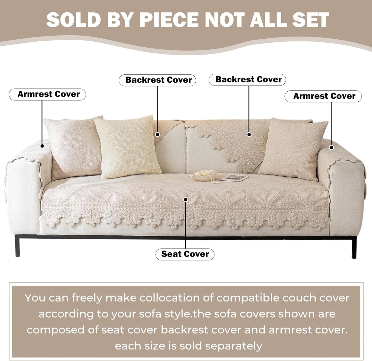 Cotton Quilted Dog Couch Cover for Sofa Farmhouse Rustic Embroidery Sectional Couch Cover Soft Anti-Slip Sofa Slipcover Furniture Protector for Kids, Pets (Khaki,28"x70")