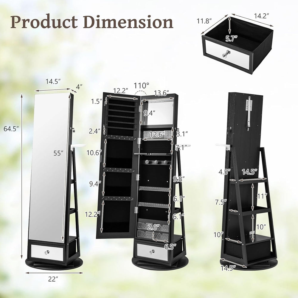 GOFLAME 360 Rotating Jewelry Cabinet with Full Length Mirror, Standing LED Je...