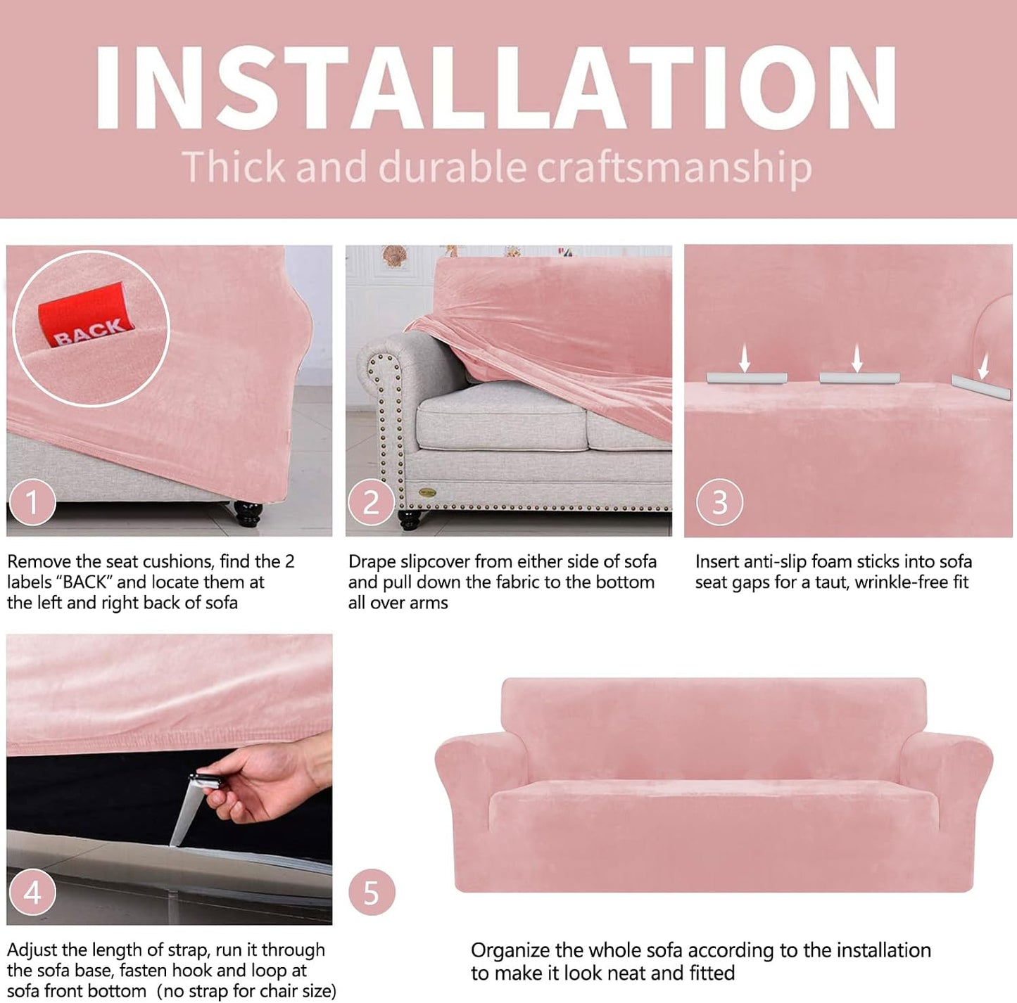 YEMYHOM Real Velvet Extra Large Couch Cover for 3 Cushion Couch 1 Piece Stretch Oversized Sofa Slipcovers Soft 4 Seater Furniture Protector Elastic Bottom for Kids,Pet (91"-110", Dusty Pink)