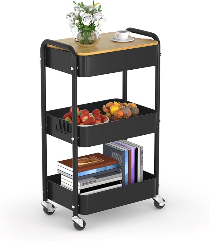 3 Tier Metal Utility Cart, Rolling Storage Cart by HIDODO