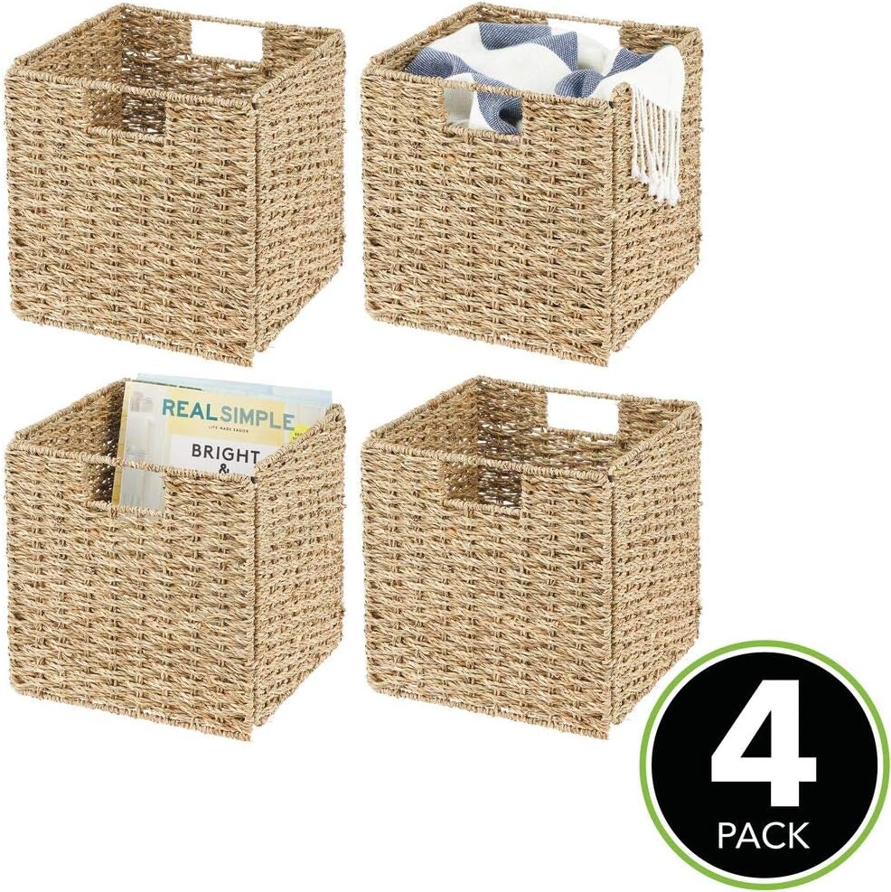mDesign Seagrass Woven Cube Basket Organizer with Handles - Storage for Bedro...