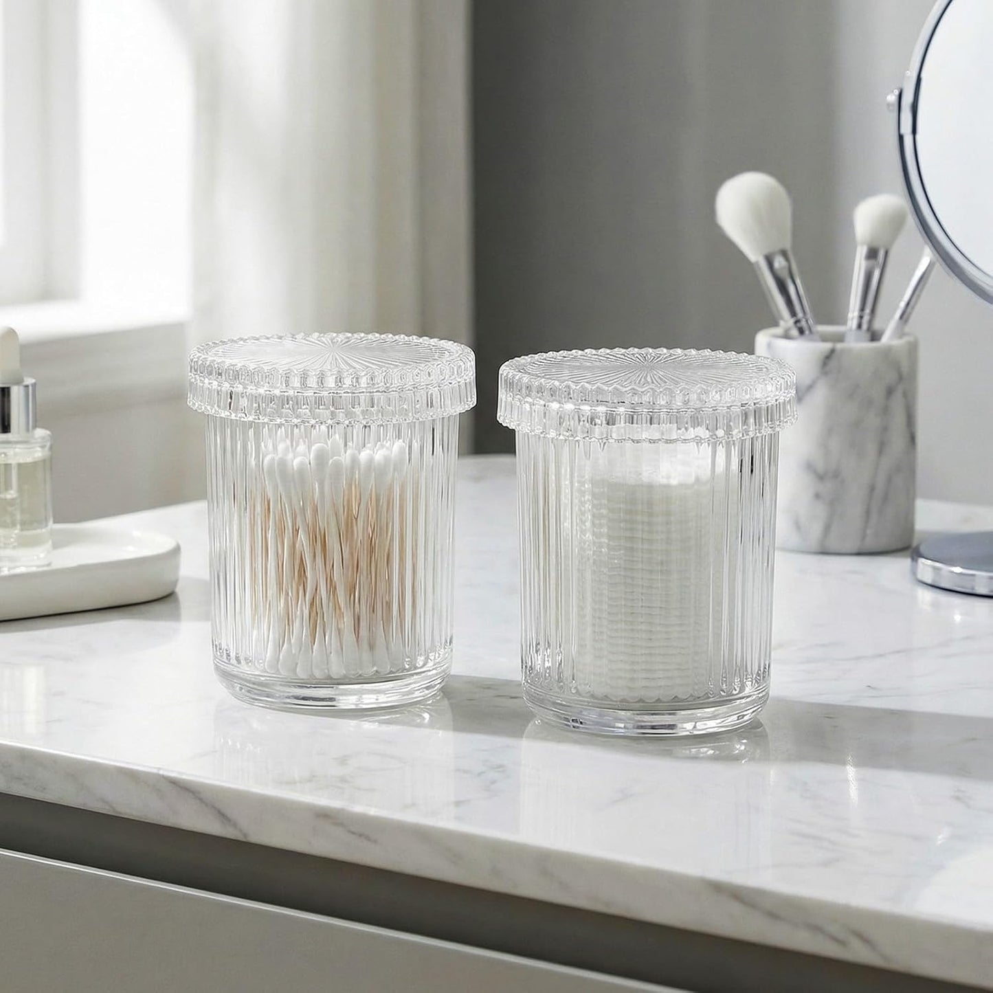 rejomiik 2 Pack Qtip Holder Glass Apothecary Jars with Lids, Ribbed Clear | Bathroom Canisters Vanity Organizer for Cotton Swabs, Balls, Pads, Floss Picks, Candy, Jewelry, Makeup Storage, Decor