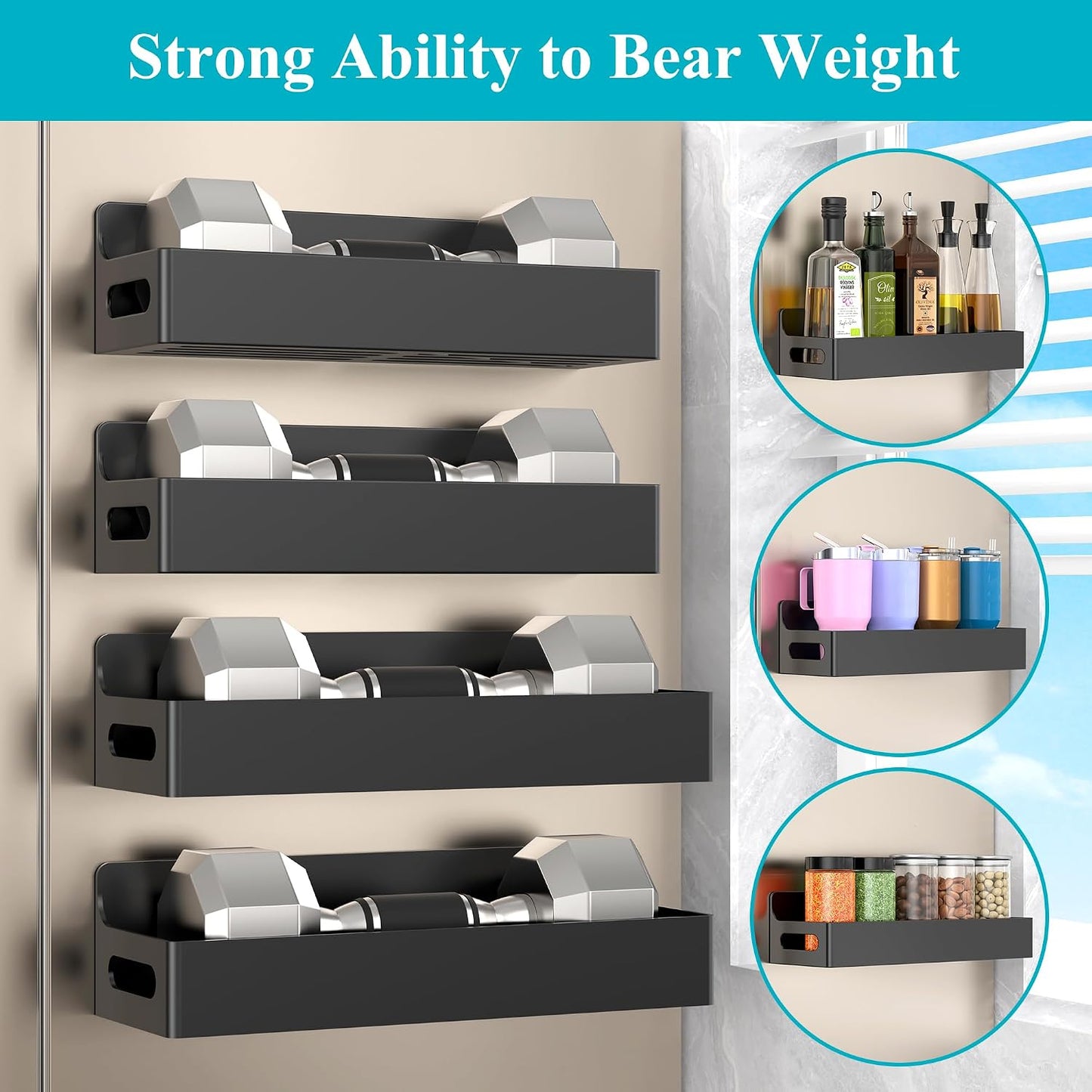 Black Magnetic Spice Rack for Refrigerator, 4 Pack | Kitchen Magnetic Shelf for Fridge, Spice Organizer and Storage, Baby Bottle Holder for Fridge, Magnetic Tea Bag Organizer