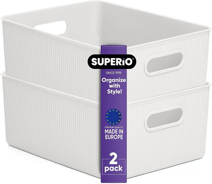Superio Ribbed Collection - Decorative Plastic Basket Open Home Storage Bins Organizer, Large White (2 Pack) Container Boxes for Organizing Closet Storage Bins for Shelves 15 Liter/16 Quart
