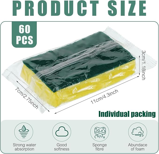Tanlade 60 Pcs Individually Wrapped Sponge Dishwashing Sponge Bulk Non Scratch - Image 2