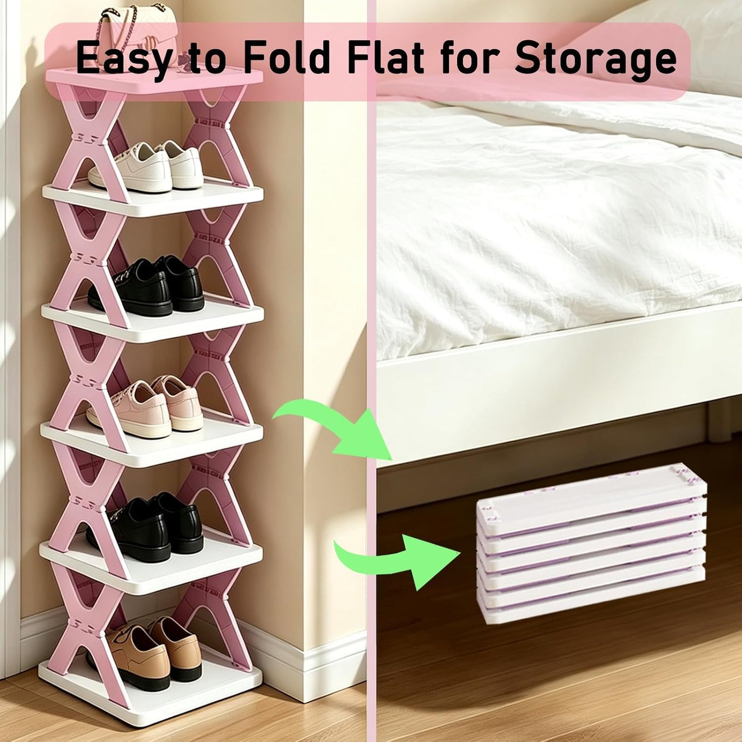 6 Tier Foldable Pink Shoe Rack, Adjustable Vertical Kids Shoe Organizer | Compact Freestanding Narrow Shoe Storage Shelf, Tool-Free Assembly Space Saving Shoe Holder for Entryway, Closet & Kids Room