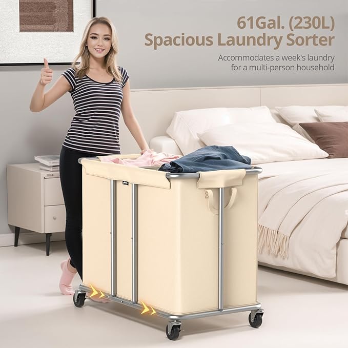 230L Rolling Laundry Hamper, 2-Section Laundry Basket - Image 3