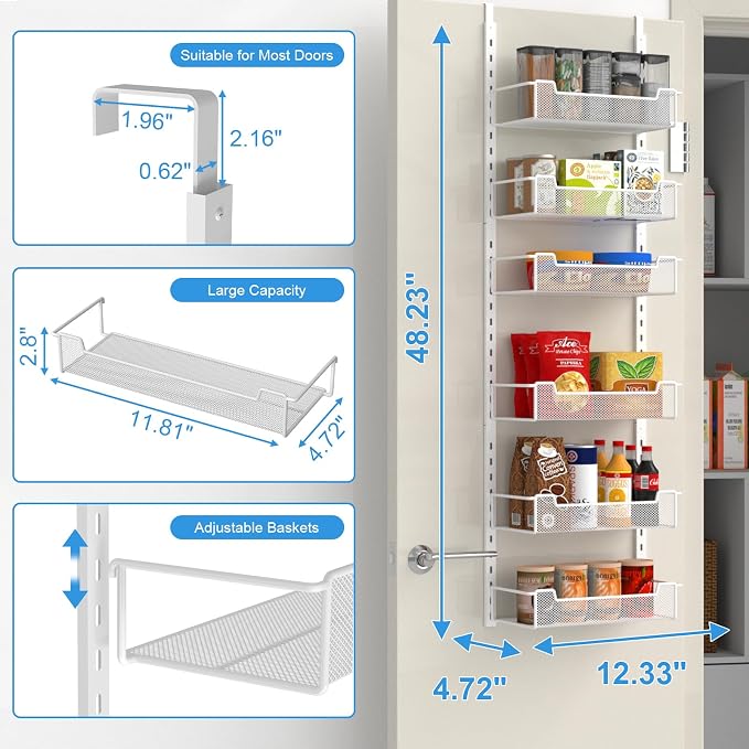 12.3" W Narrow Over the Door Pantry Organizer, 6-Tier Over the Door Organizer - Image 3