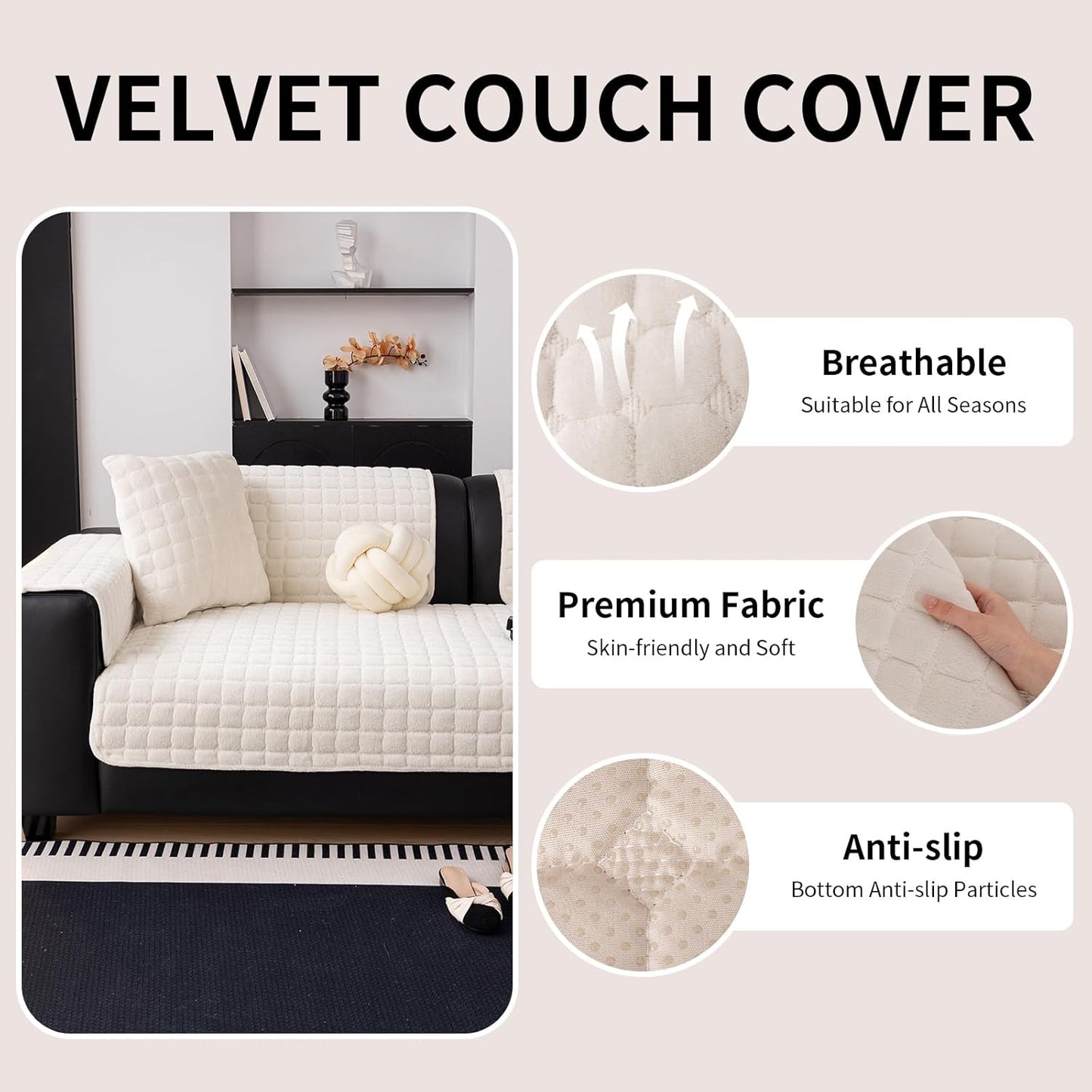 Velvet Couch Cover, Washable Sectional Sofa Cover, Anti Slip Sofa Slipcovers for 3 Cushion Couch Sofa L Shaped Recliner, Furniture Protector Covers for Pets Kids(White, Only 1 PCS)