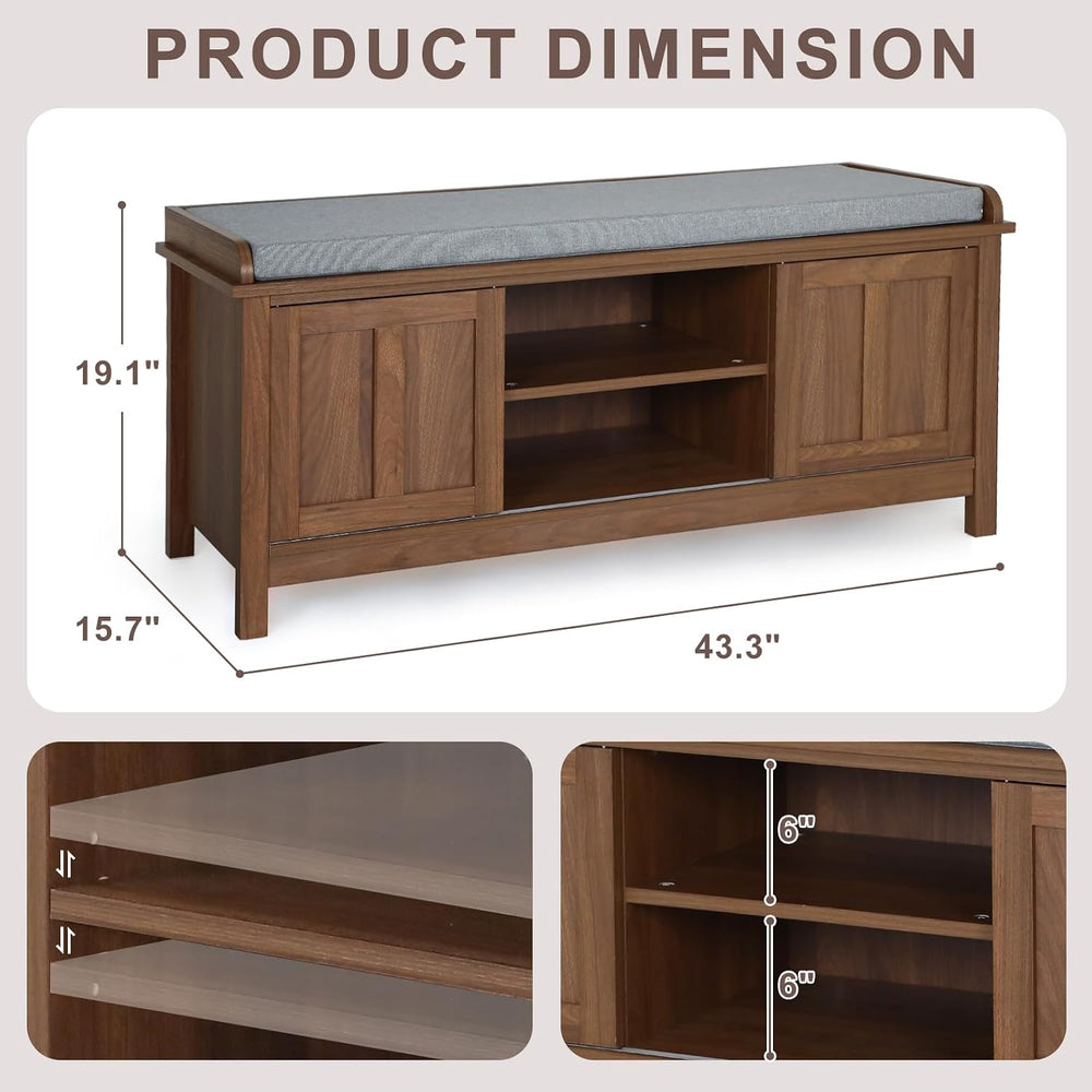 Shoe Storage Bench with Sliding Doors & Adjustable Shelves