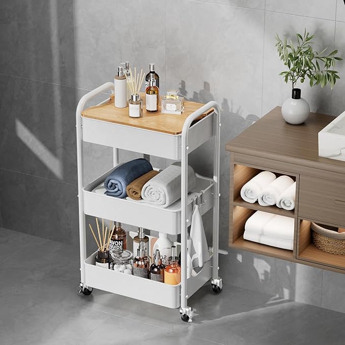 3 Tier Rolling Cart with Table top, Metal Rolling Utility Cart on Wheels - Image 6