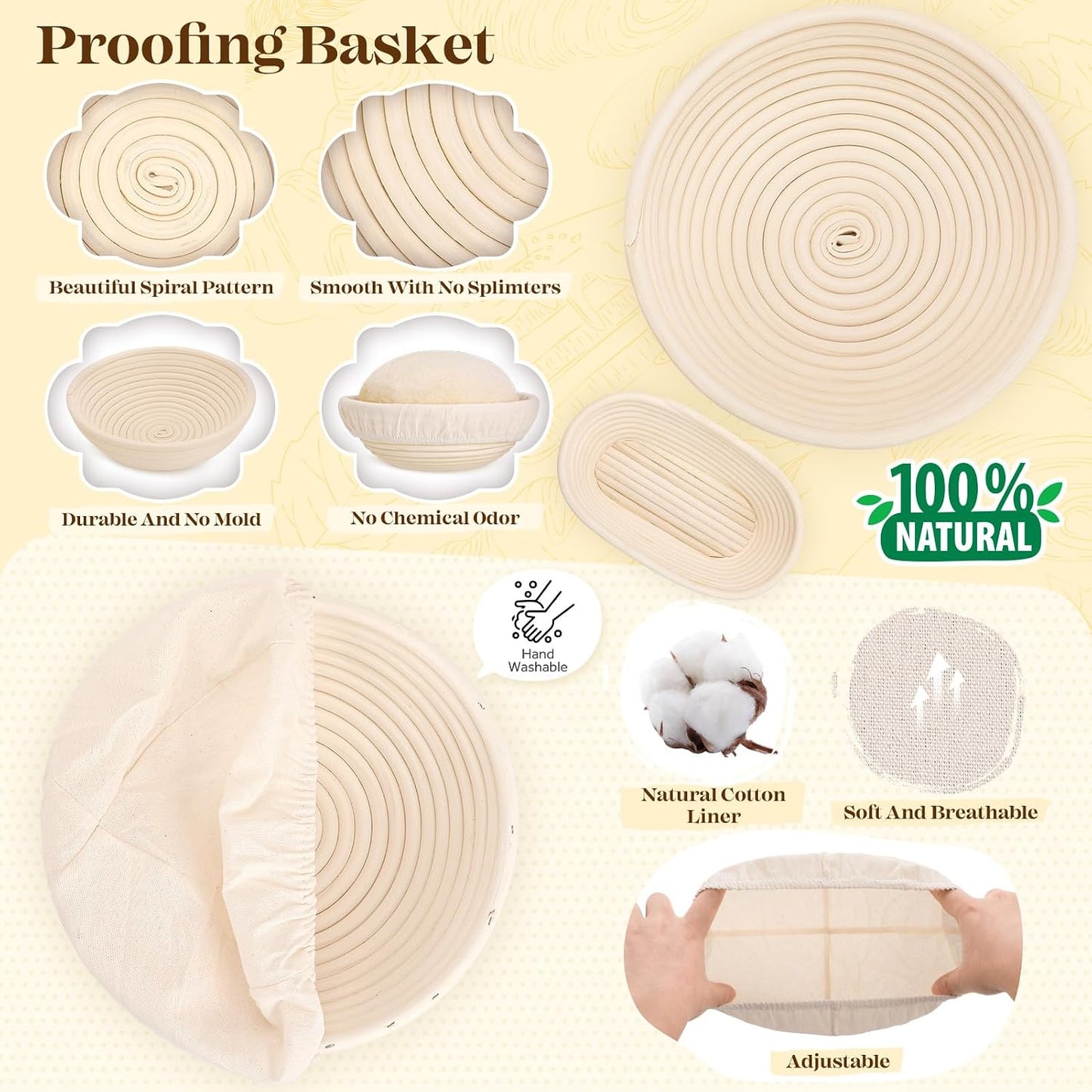 Sourdough Starter Kit with Bread Proofing Baskets, Jars, Baking Essentials | 9 in Round & 10 in Oval Baskets Set, Sourdough Bread Baking Supplies, Sour dough Beginner Kit Gifts for Bakers Women Wife Mom