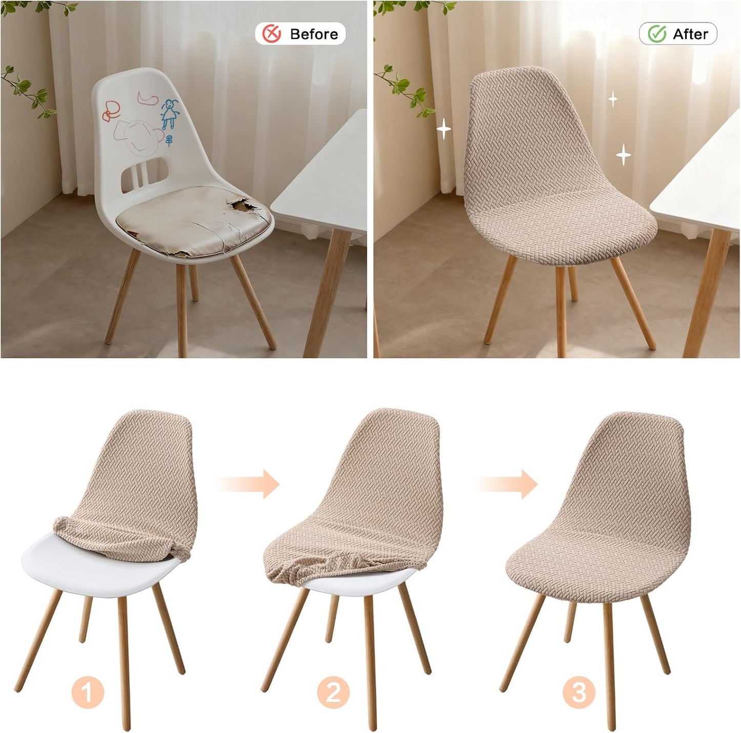 Fuloon Mid Century Modern Dining Chair Covers, Stretchable Armless Shell Slipcovers, Washable Seat Protector for Kitchen, Living, Dining Room, Set of 4, Light Camel