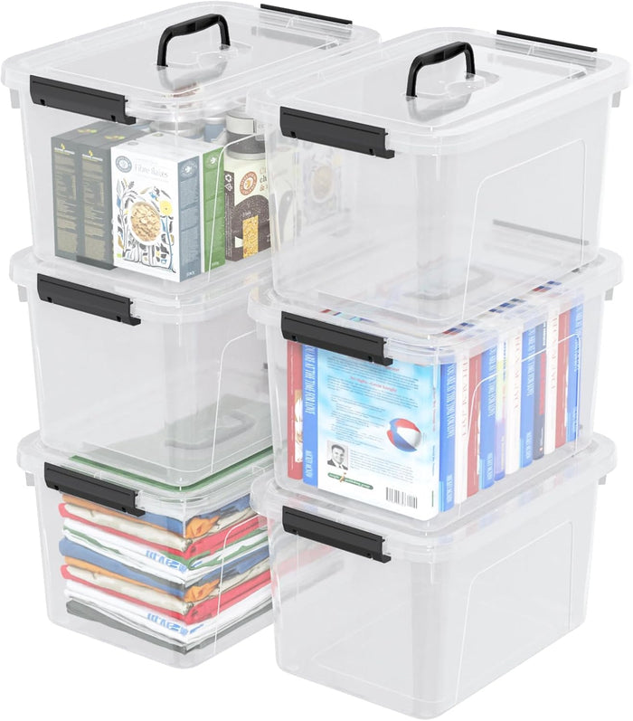 18 Quart Plastic Clear Latching Lidded Storage Tote Bins, 6 Packs