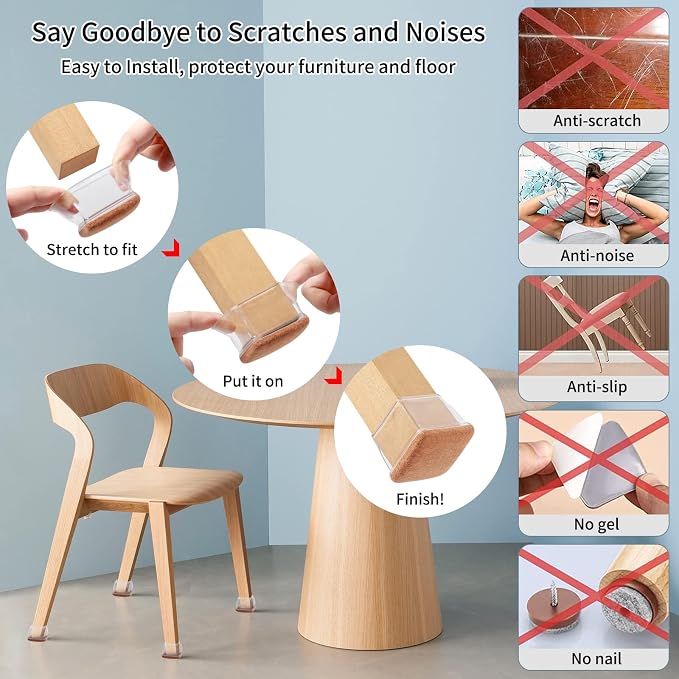 Ezprotekt 8 Pcs Extra Large Square Chair Leg Floor Protectors, Silicone Felt - Image 5