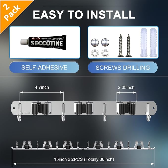 ZONGOOL 2 Pack 3 Racks and 4 Hooks Mop and Broom Holder Wall Mount, Heavy Duty - Image 6