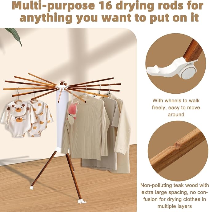 Portable Teak Tripod Clothes Drying Rack, Foldable Space-Saving Design - Image 6