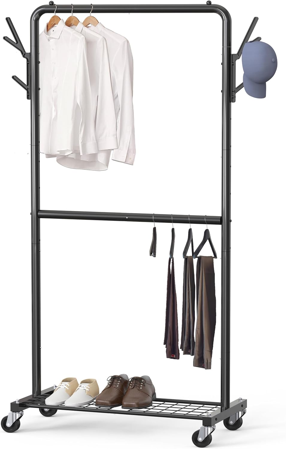 Simple Houseware Double Rod Clothes Rack with Wheels, Hooks & Shelf, Black