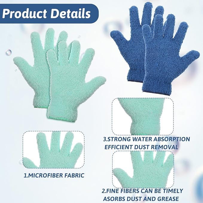 2 Pairs Microfiber Plant Dusting Gloves, Water Blue & Dark Blue Kitchen Indoor - Image 3