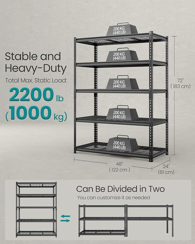 SONGMICS 5-Tier Storage Shelves, Heavy-Duty Garage Shelving, Adjustable - Image 3