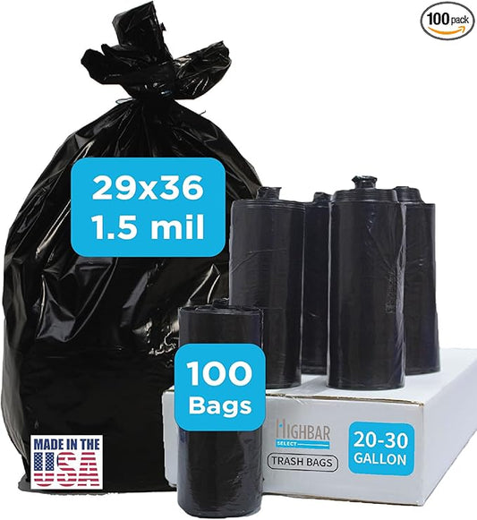 Black Trash Bag, Heavy Duty 20-30 Gallon Bag by HighBarTrashLiners