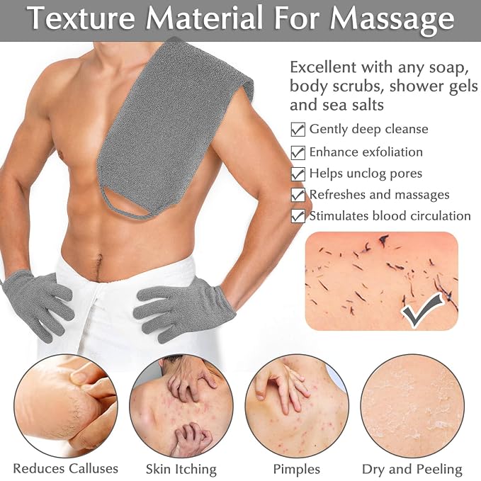 Anezus Exfoliating Back Scrubber Bath Gloves Set, Exfoliating Shower Towel - Image 6