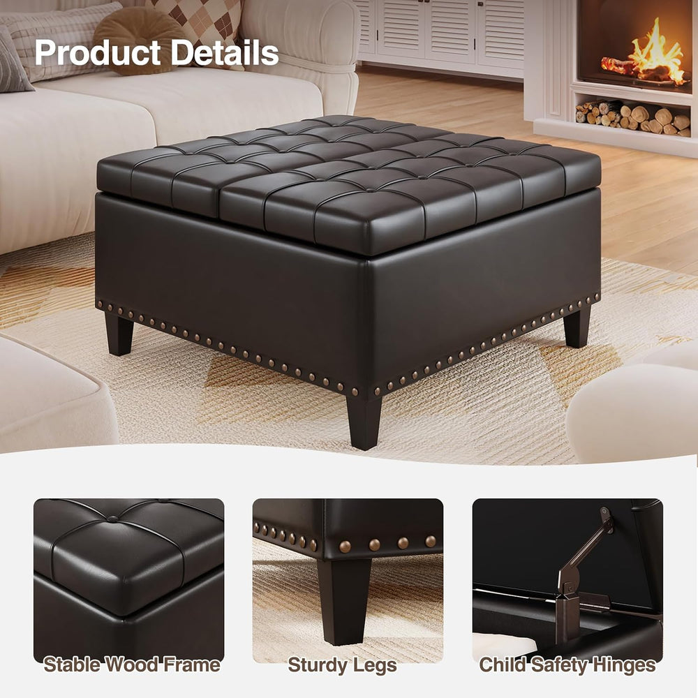 FiveWillowise 31.5 Inch Large Square Ottoman with Storage,Faux Leather